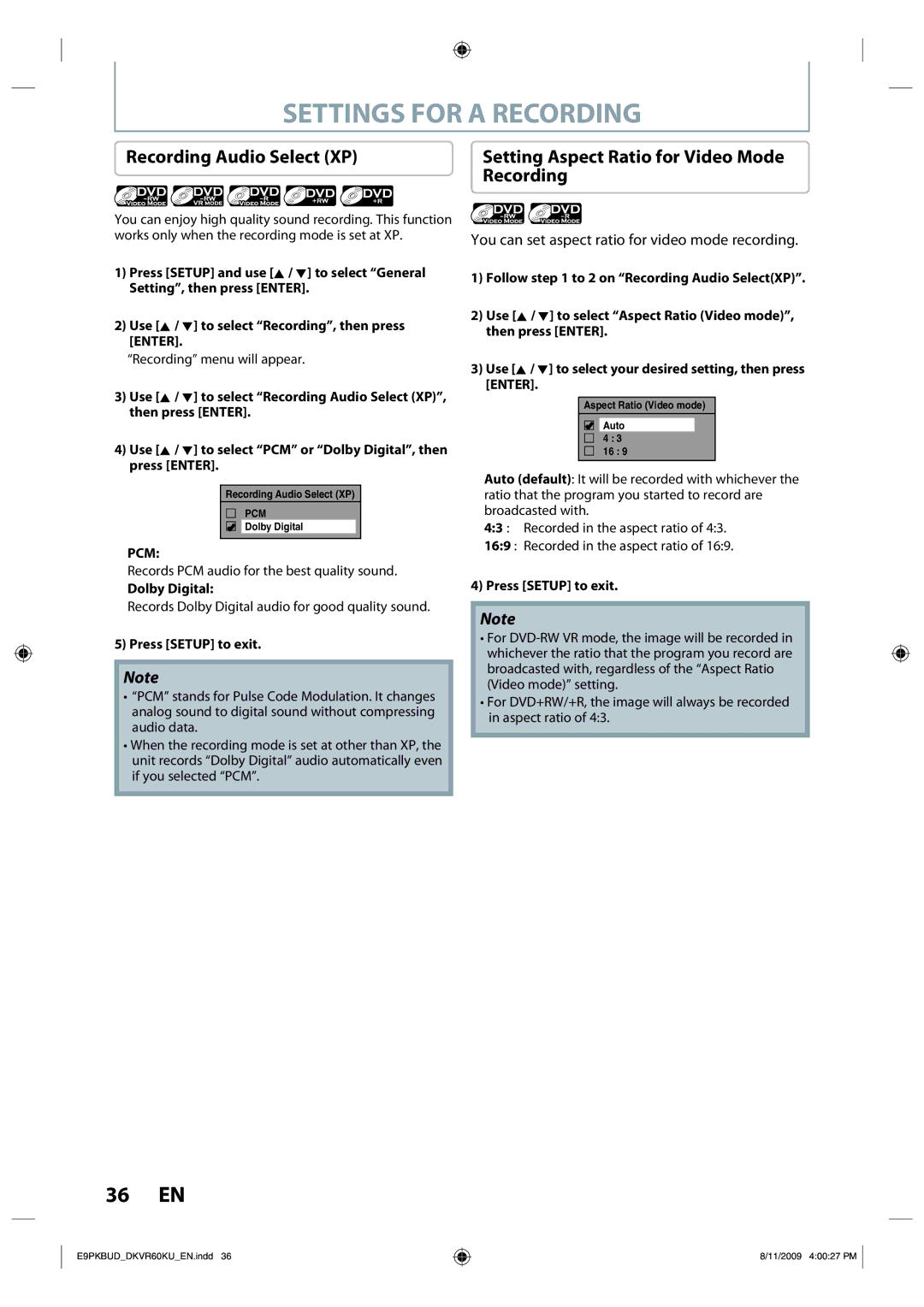 Toshiba DKVR60KU owner manual Settings for a Recording, Recording Audio Select XP, Setting Aspect Ratio for Video Mode, Pcm 