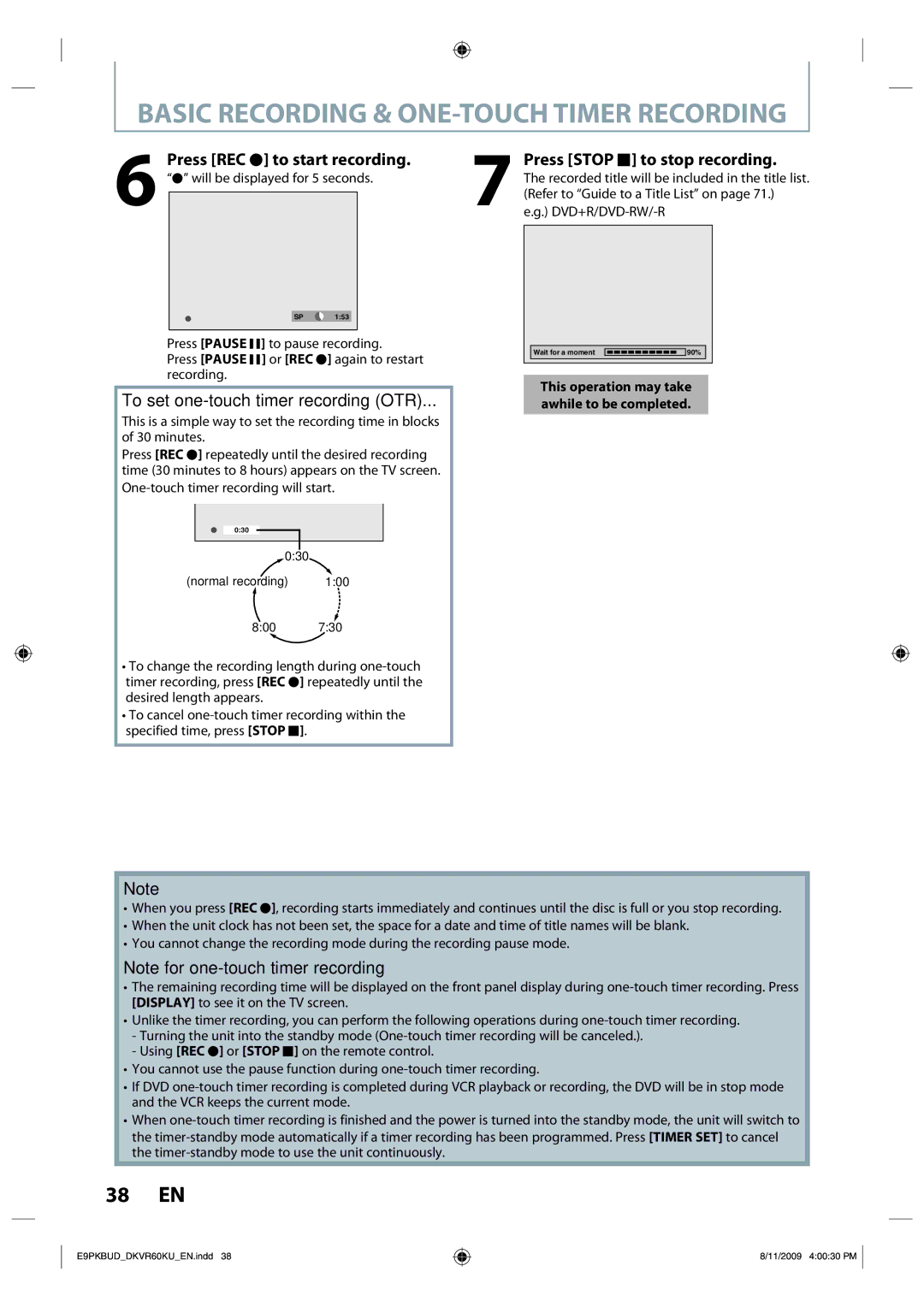 Toshiba DKVR60KU owner manual Basic Recording & ONE-TOUCH Timer Recording, Press REC I to start recording 