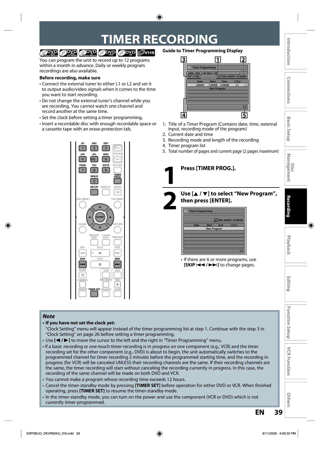 Toshiba DKVR60KU owner manual Timer Recording, Before recording, make sure, Guide to Timer Programming Display 