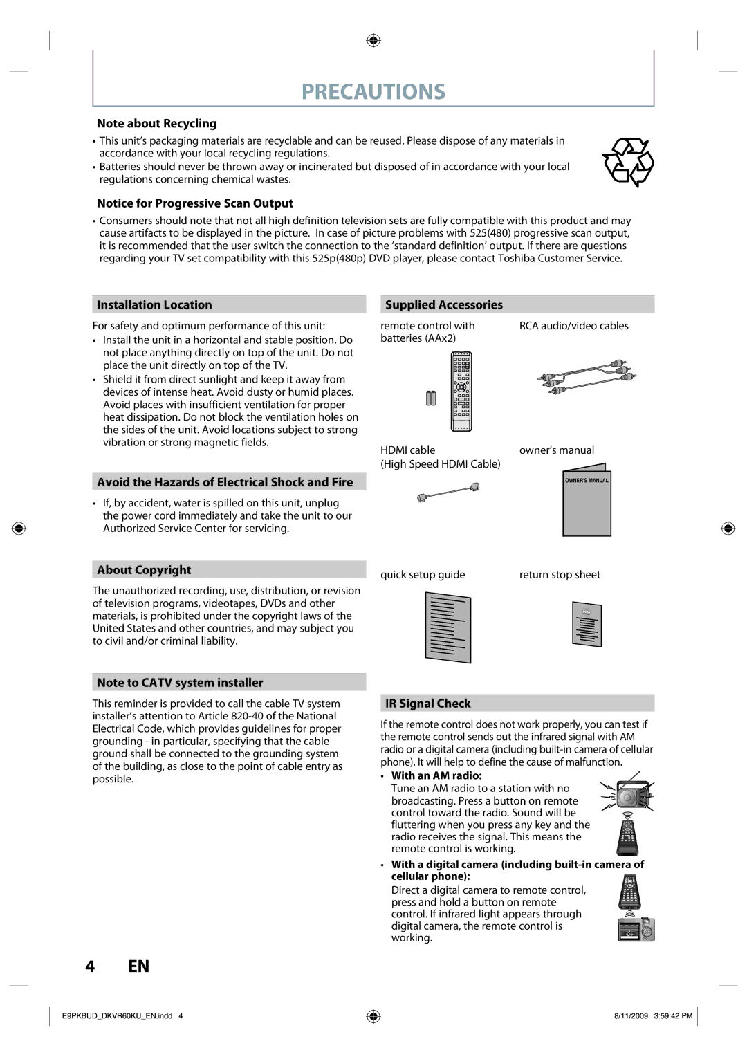 Toshiba DKVR60KU owner manual Installation Location, Avoid the Hazards of Electrical Shock and Fire, Supplied Accessories 