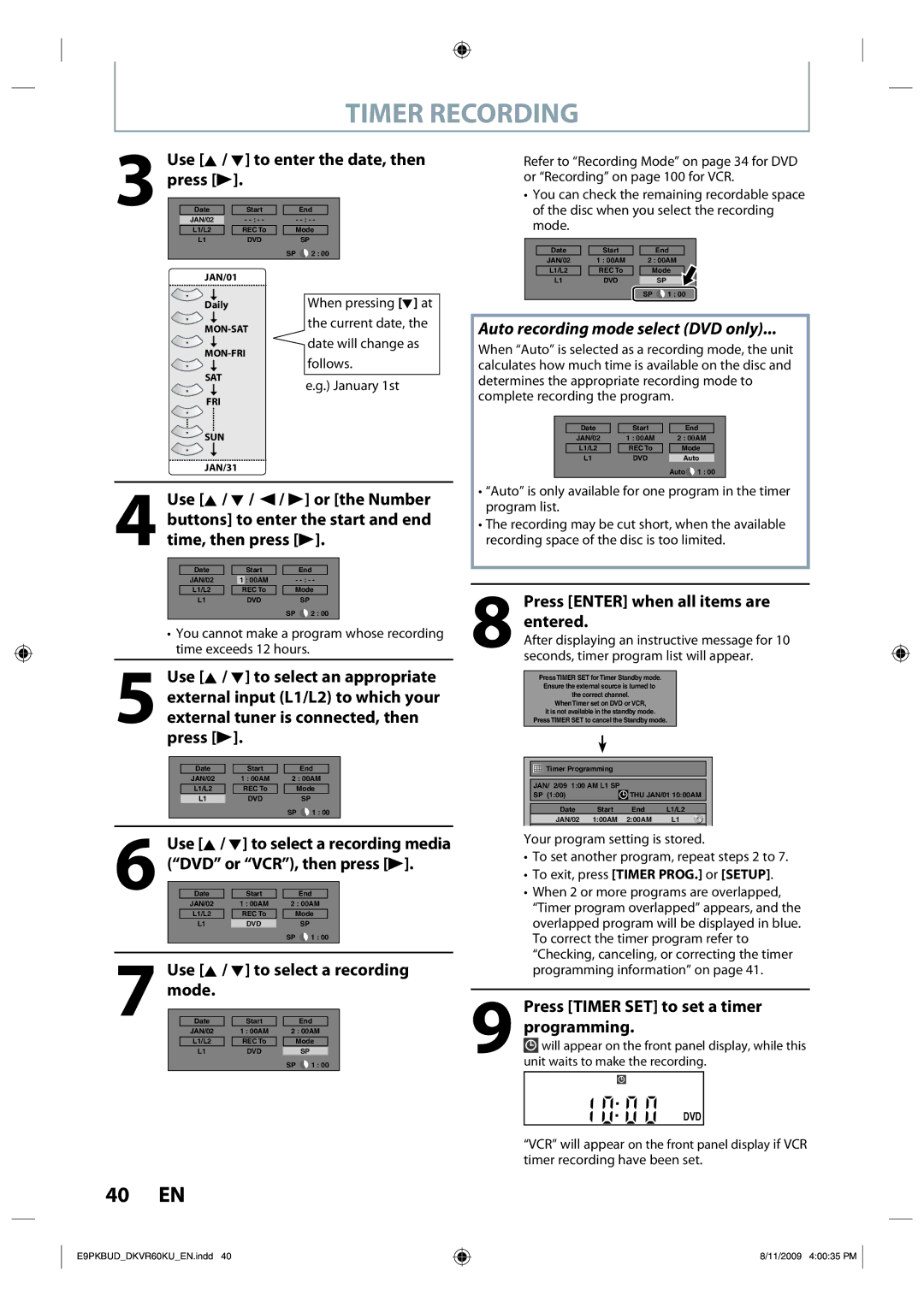 Toshiba DKVR60KU Use K / L to enter the date, then, Press B, Press Enter when all items are entered, Programming 