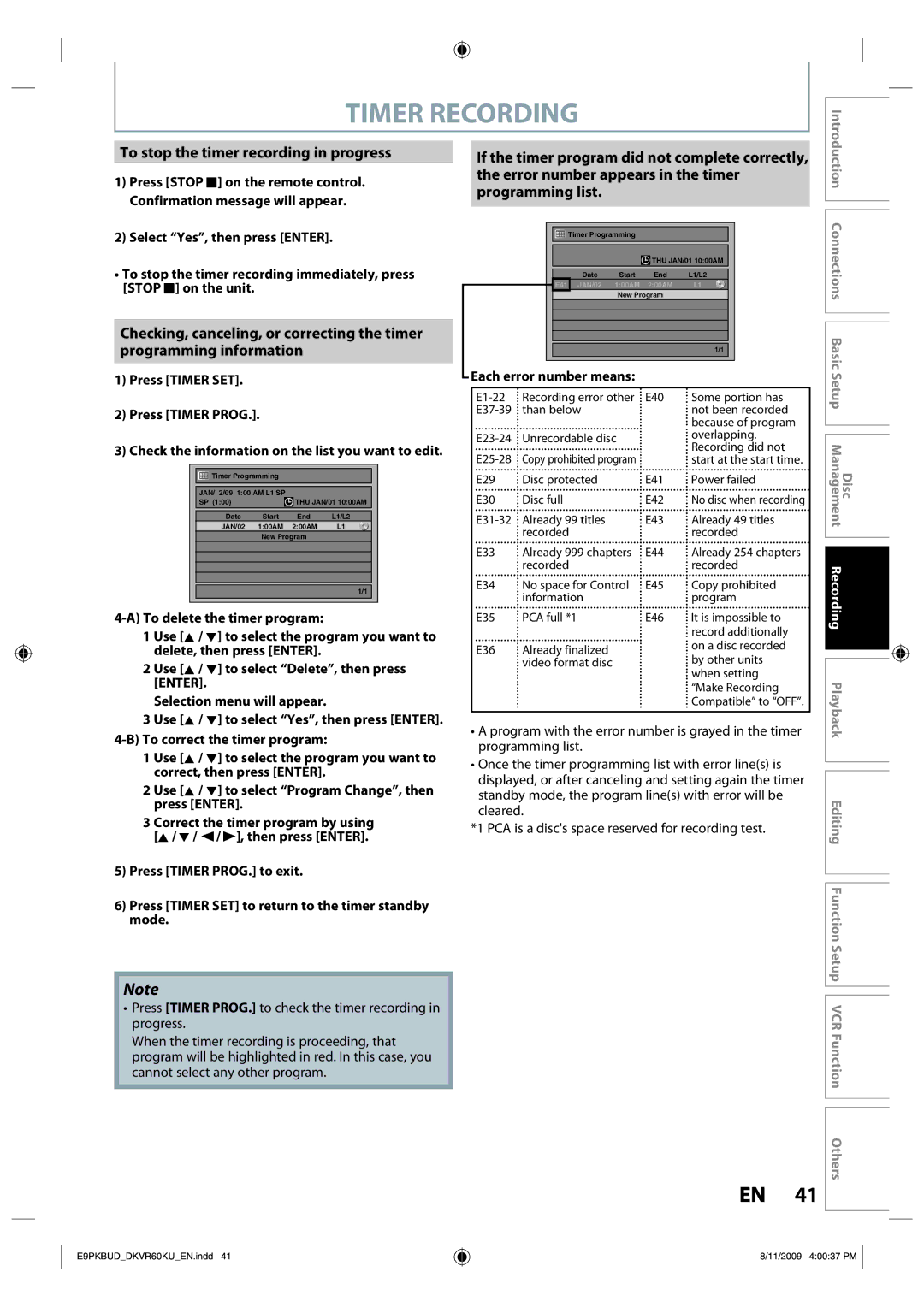 Toshiba DKVR60KU owner manual Timer Recording, To stop the timer recording in progress 