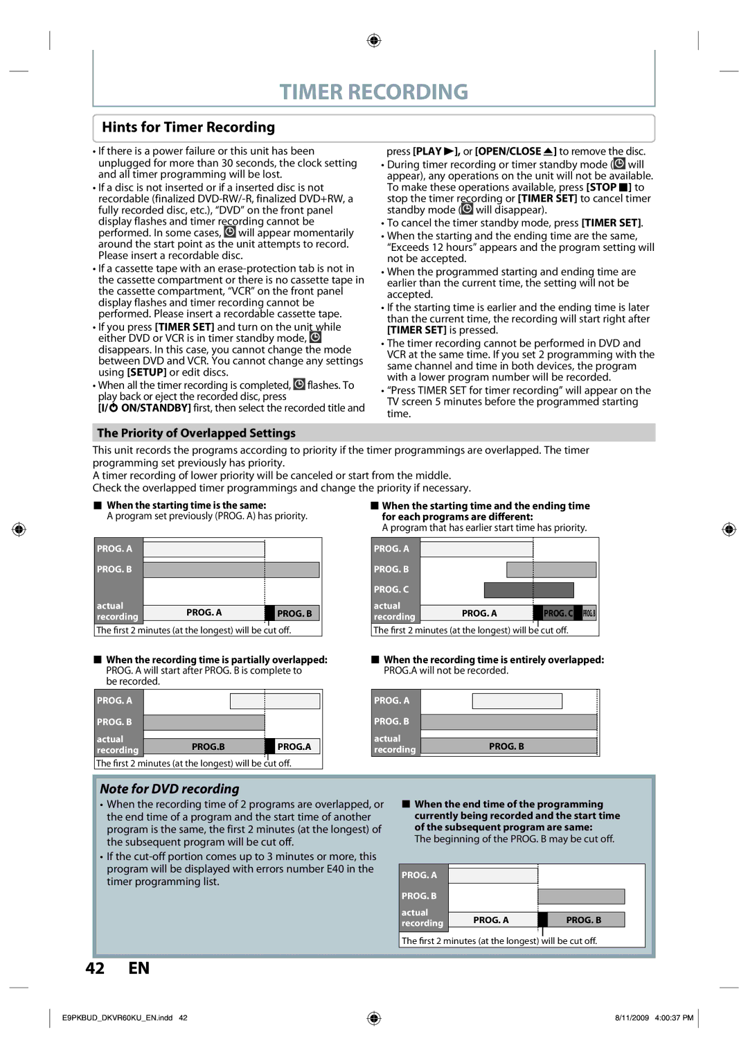 Toshiba DKVR60KU owner manual Hints for Timer Recording, Priority of Overlapped Settings 