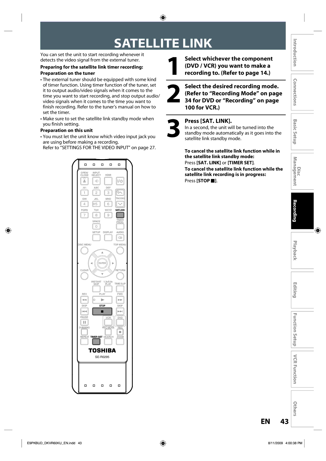 Toshiba DKVR60KU owner manual Satellite Link, Select whichever the component 