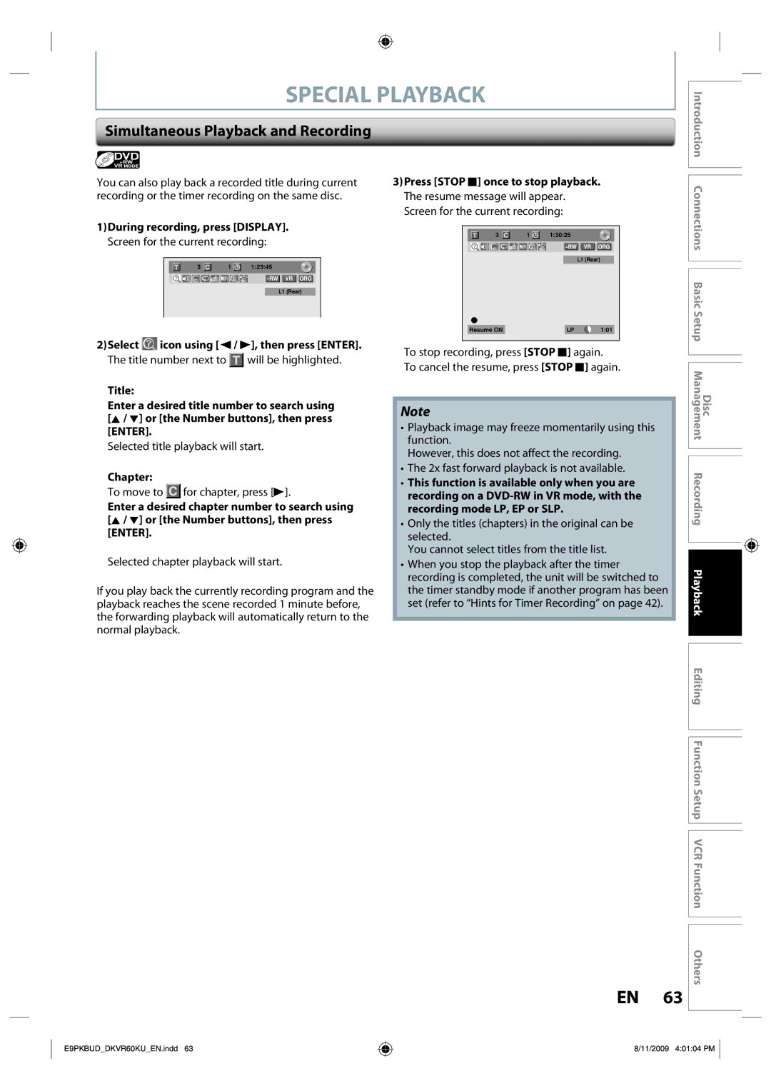 Toshiba DKVR60KU owner manual Simultaneous Playback and Recording, Selected title playback will start, Chapter 