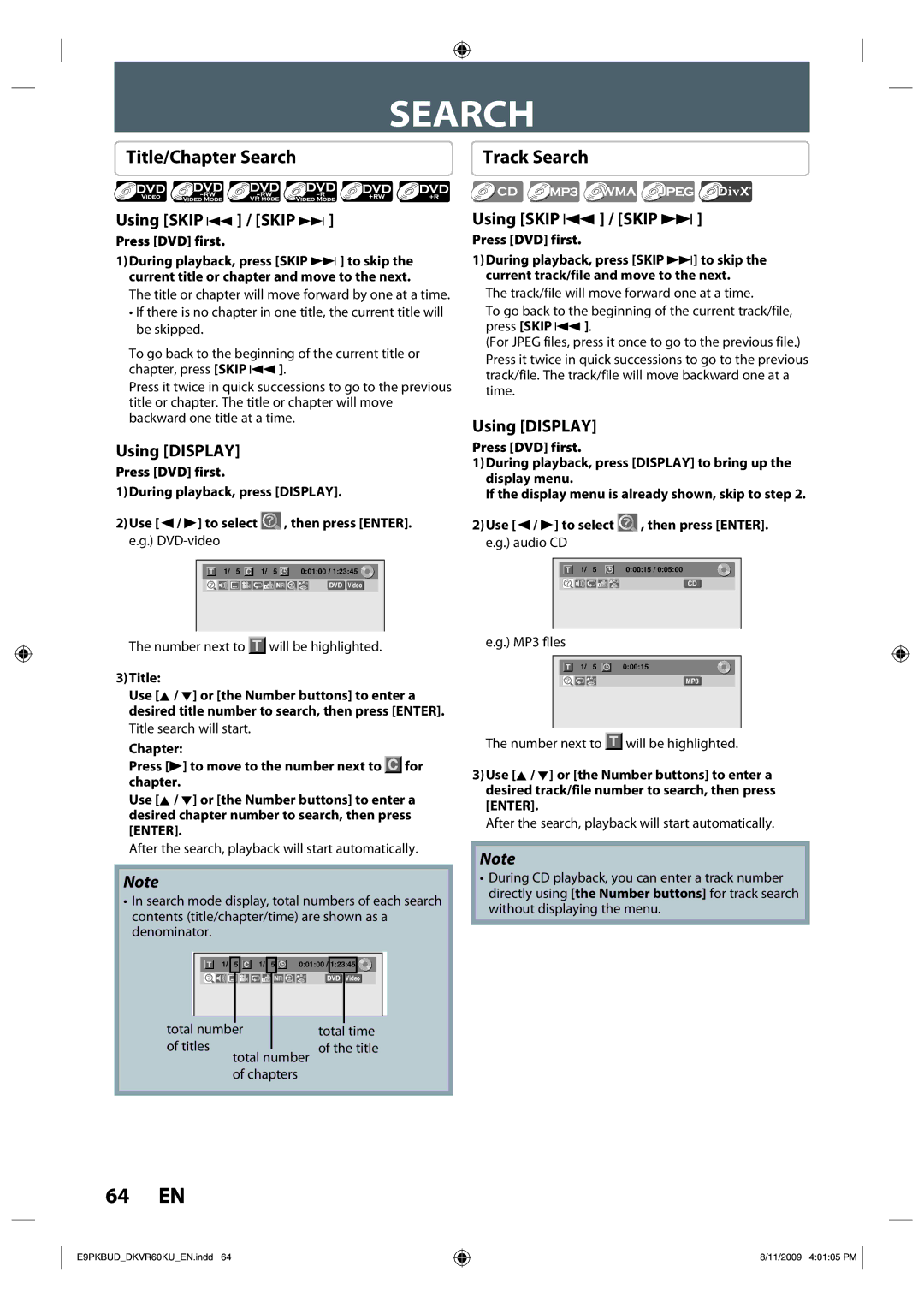 Toshiba DKVR60KU owner manual Title/Chapter Search, Using Skip j / Skip, Using Display 