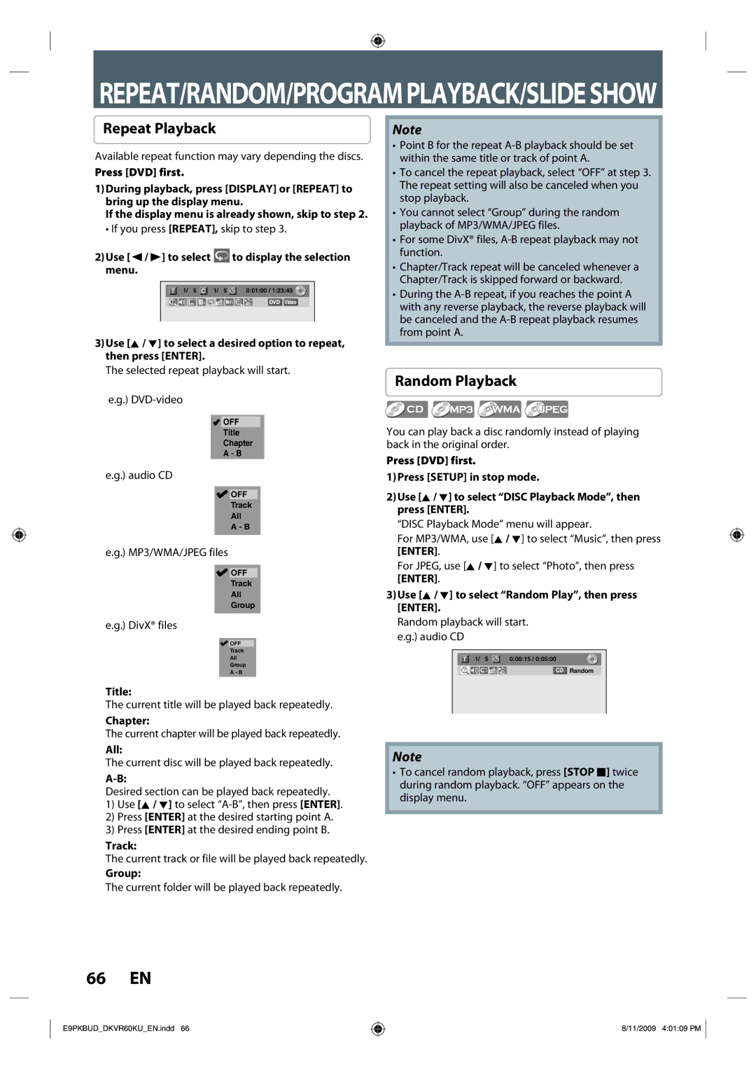 Toshiba DKVR60KU owner manual Repeat Playback, Random Playback 