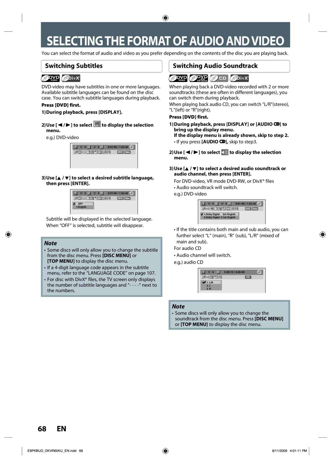 Toshiba DKVR60KU owner manual Switching Subtitles, Switching Audio Soundtrack, TOP Menu to display the disc menu 