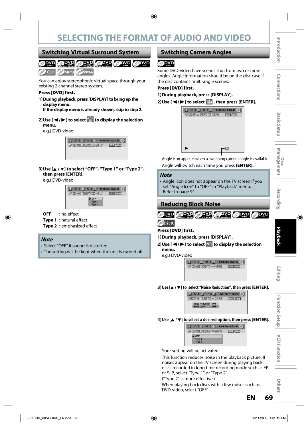 Toshiba DKVR60KU Selecting the Format of Audio and Video, Switching Virtual Surround System, Reducing Block Noise 