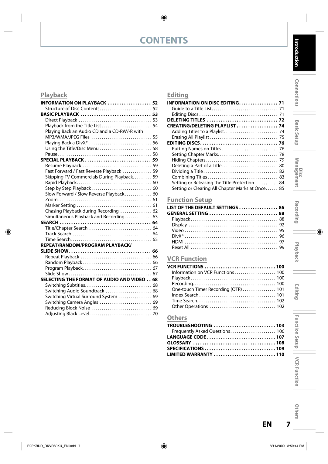 Toshiba DKVR60KU owner manual Contents 