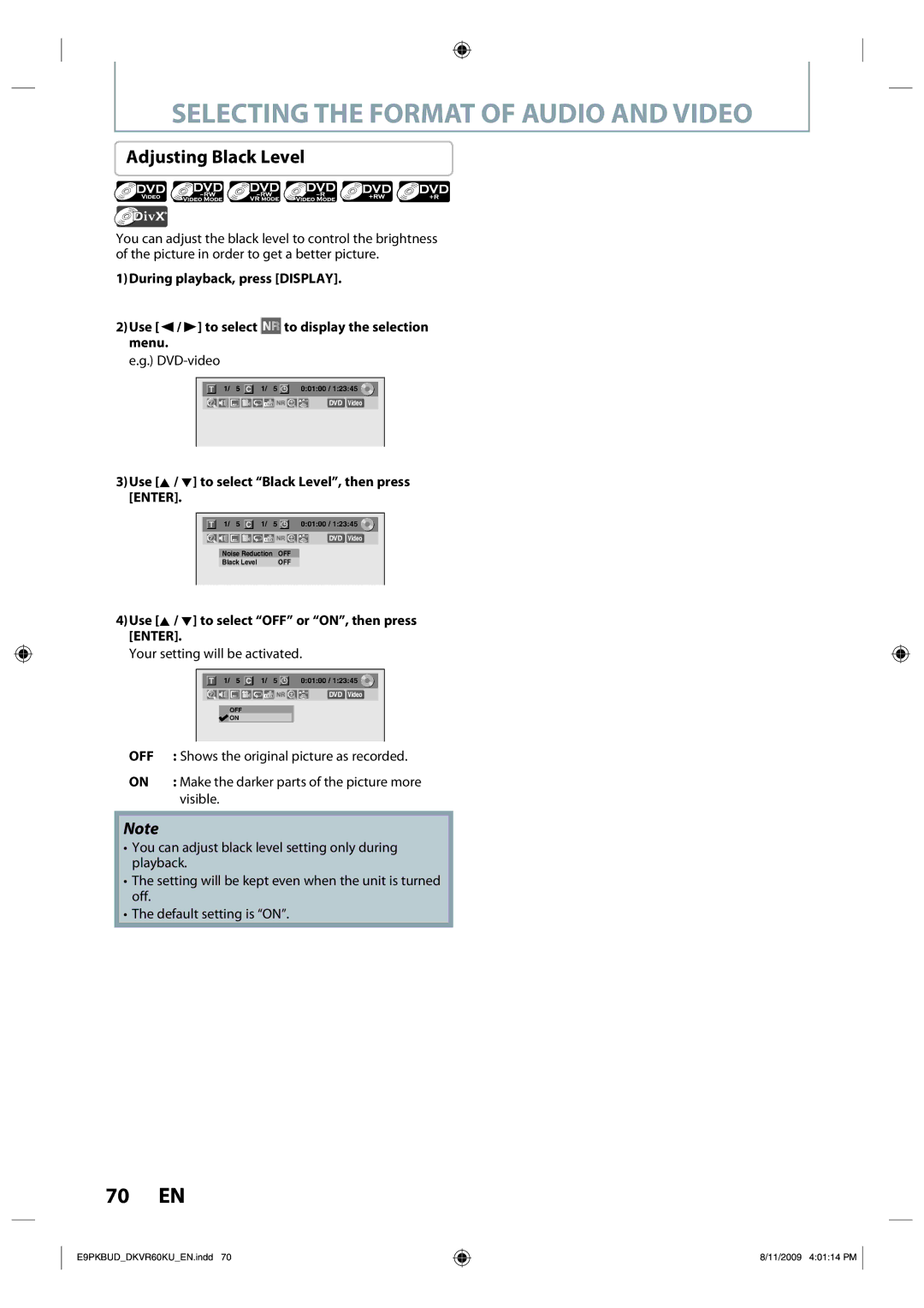 Toshiba DKVR60KU owner manual Adjusting Black Level, Use K / L to select Black Level, then press Enter, Visible 