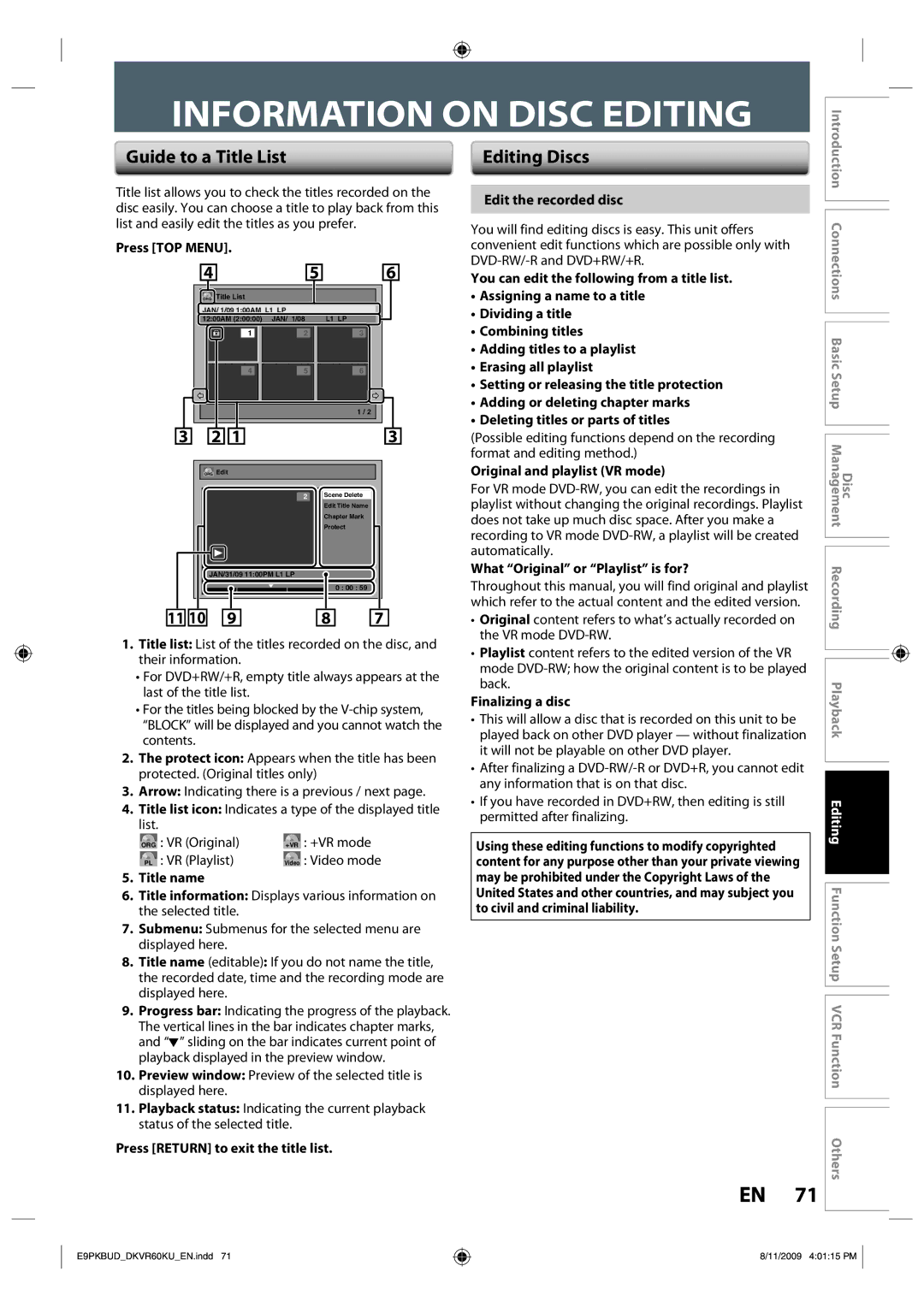 Toshiba DKVR60KU owner manual Information on Disc Editing, Guide to a Title List 