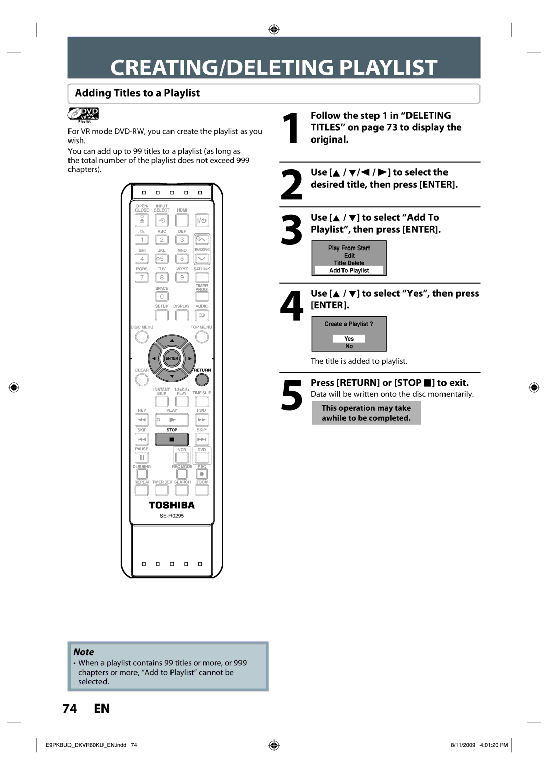 Toshiba DKVR60KU owner manual CREATING/DELETING Playlist, Adding Titles to a Playlist, Title is added to playlist 