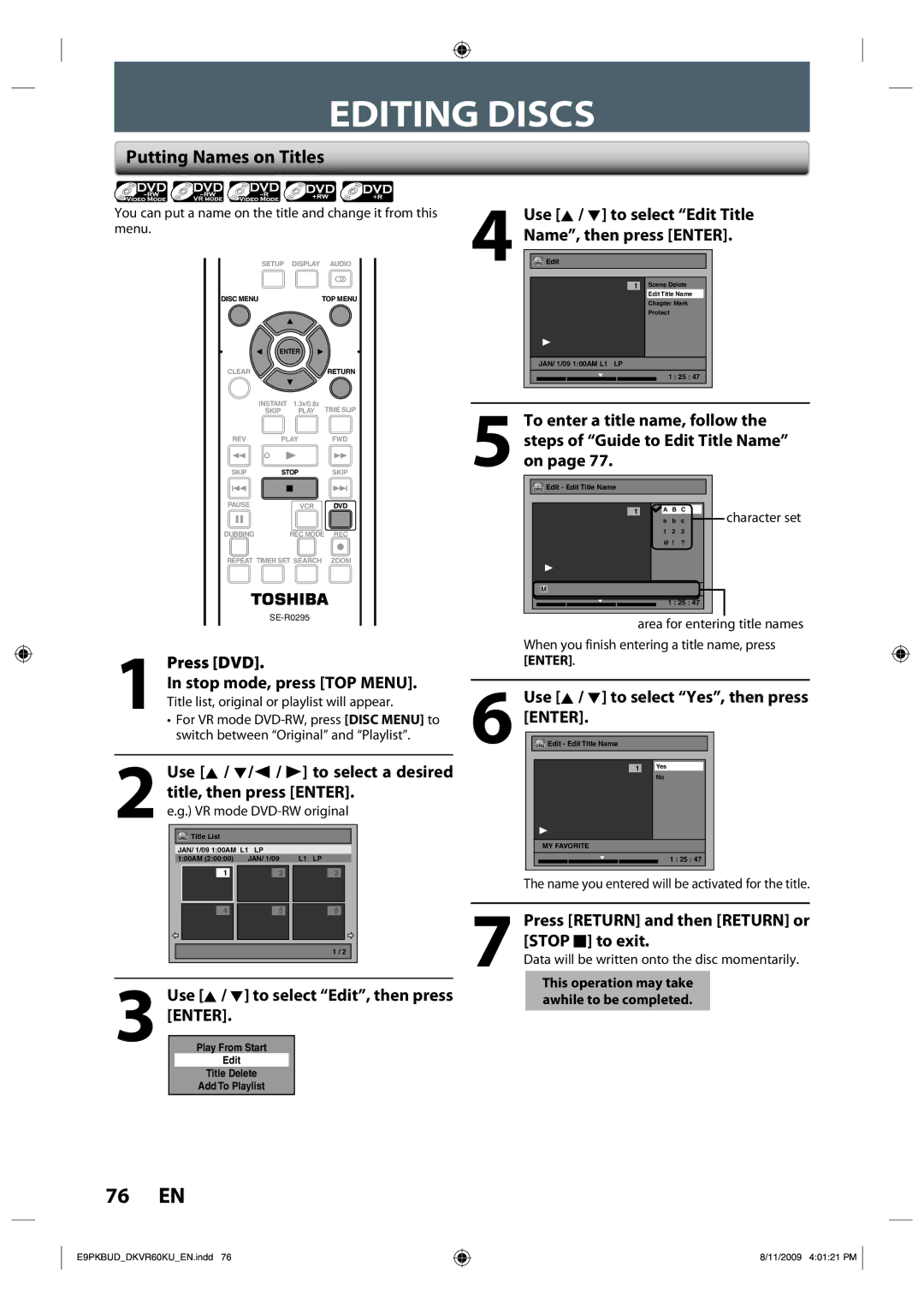 Toshiba DKVR60KU owner manual Editing Discs, Putting Names on Titles 