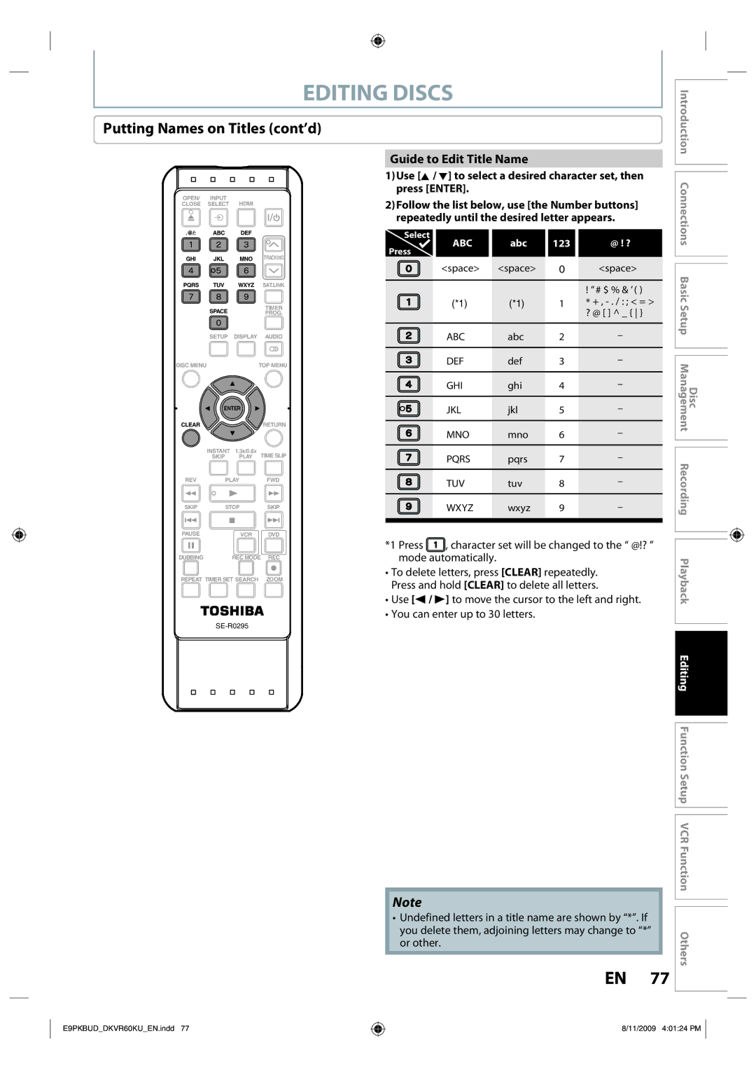 Toshiba DKVR60KU owner manual Editing Discs, Putting Names on Titles cont’d, Guide to Edit Title Name 