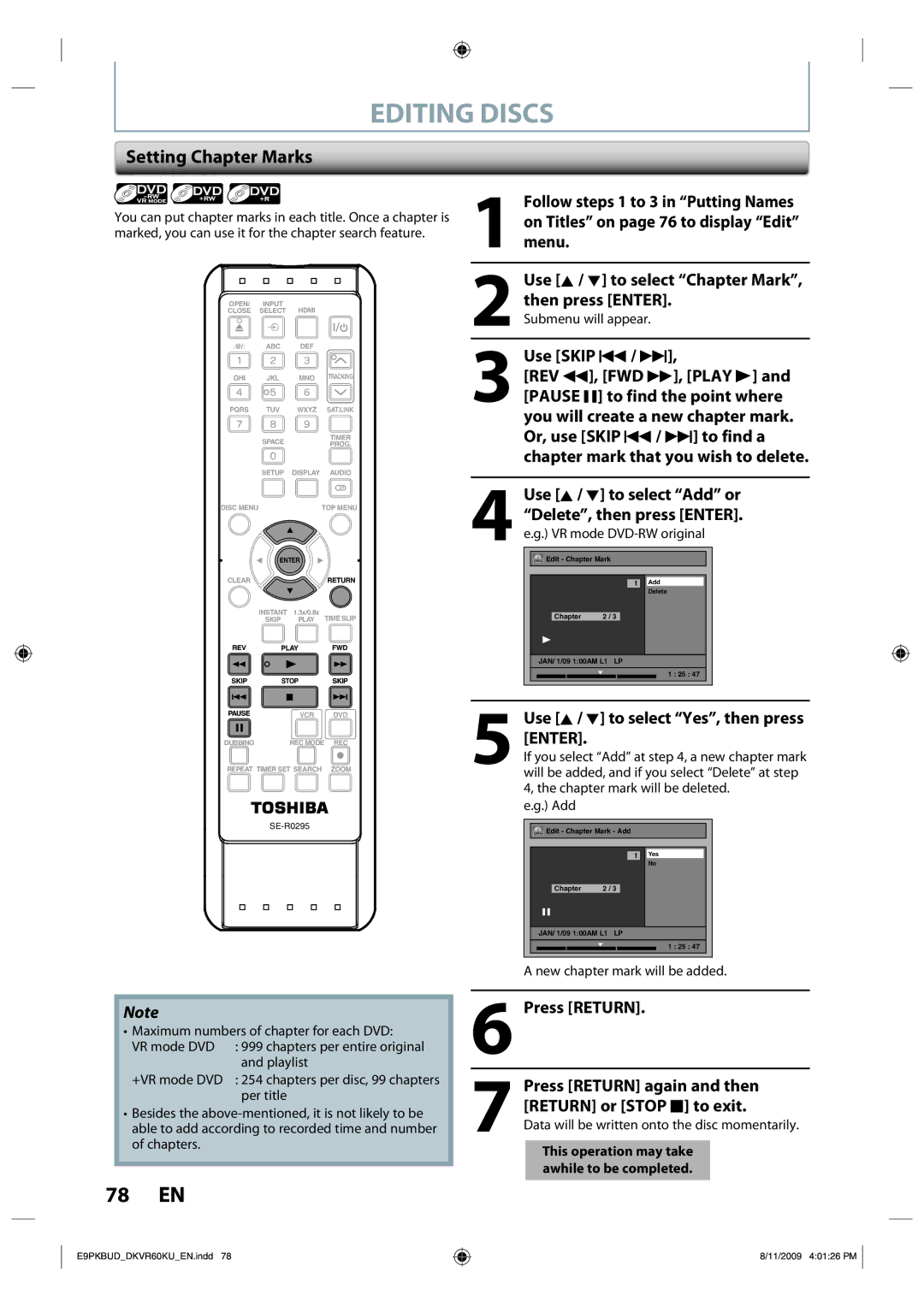 Toshiba DKVR60KU Setting Chapter Marks, Use Skip H / G, Press Return again and then Return or Stop C to exit 