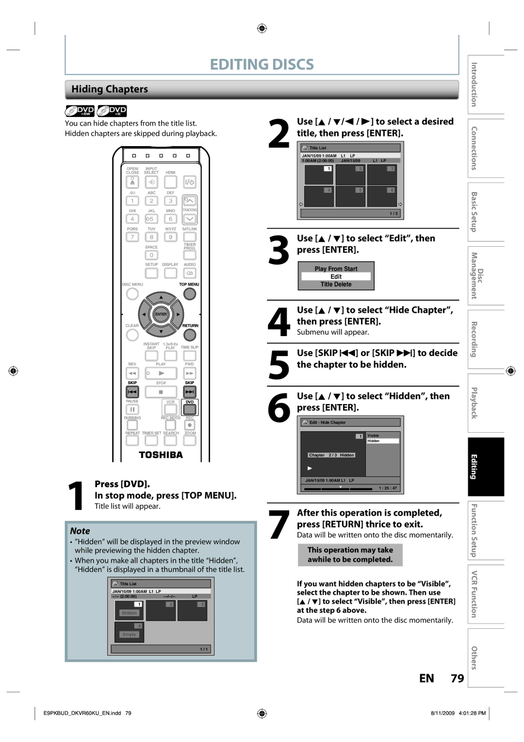 Toshiba DKVR60KU owner manual Hiding Chapters, Use K / L to select Hide Chapter, then press Enter, Press Enter 