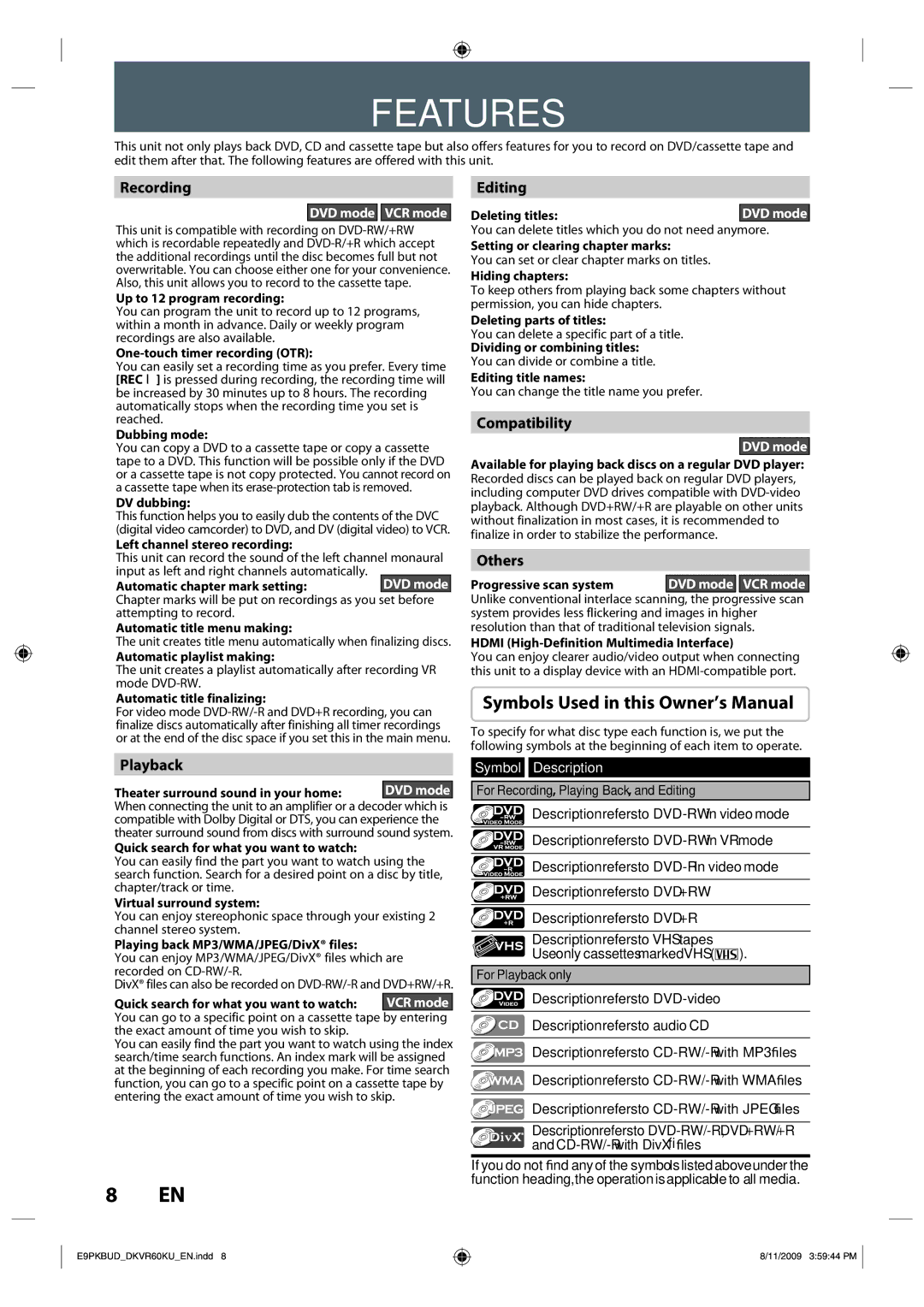 Toshiba DKVR60KU owner manual Features 