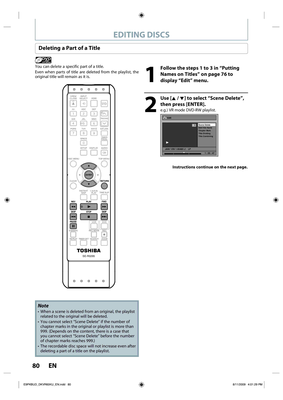 Toshiba DKVR60KU owner manual Deleting a Part of a Title, Names on Titles on page 76 to, Display Edit menu 