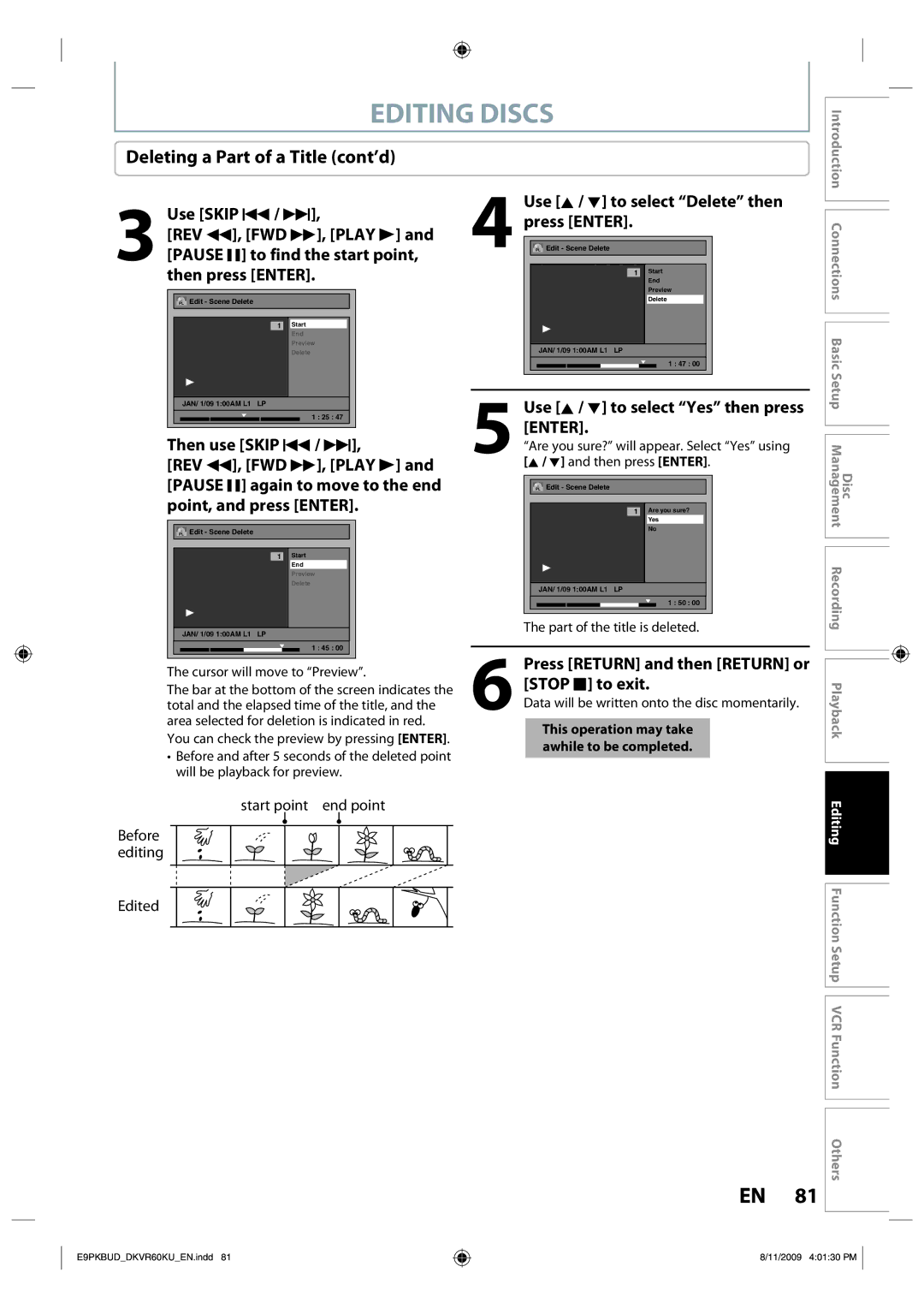 Toshiba DKVR60KU owner manual Deleting a Part of a Title cont’d 