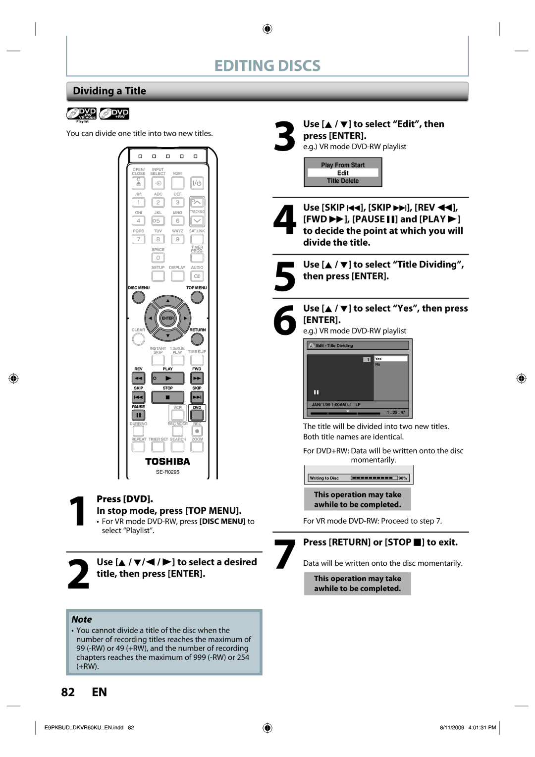 Toshiba DKVR60KU owner manual Dividing a Title, Press DVD Stop mode, press TOP Menu, Press Return or Stop C to exit 