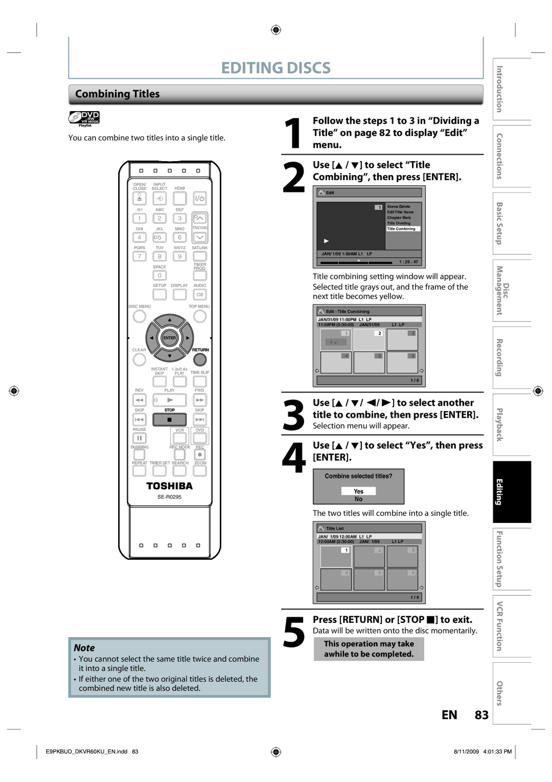 Toshiba DKVR60KU owner manual Combining Titles, Combining, then press Enter, You can combine two titles into a single title 