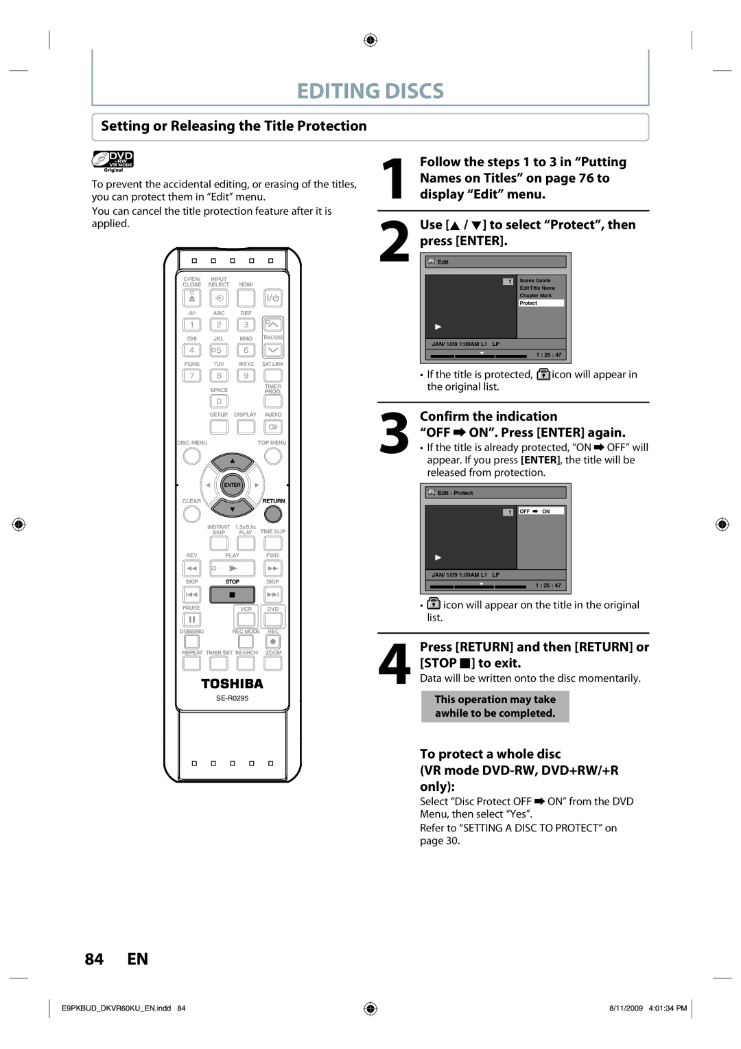 Toshiba DKVR60KU owner manual Setting or Releasing the Title Protection, Confirm the indication OFF ON. Press Enter again 