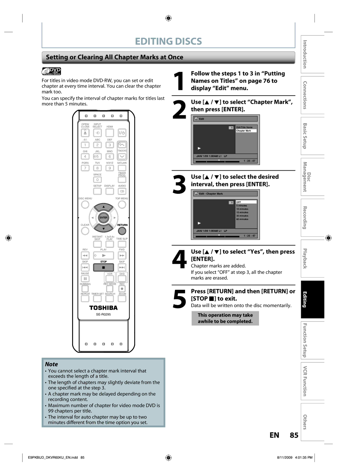 Toshiba DKVR60KU owner manual Setting or Clearing All Chapter Marks at Once, Use K / L to select Chapter Mark 