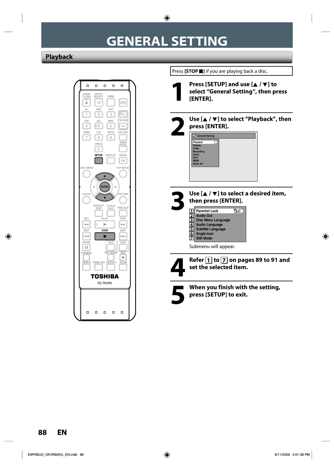 Toshiba DKVR60KU owner manual General Setting, Playback, Use K / L to select a desired item, then press Enter 