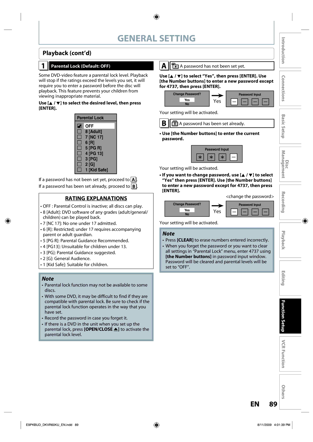 Toshiba DKVR60KU owner manual General Setting, Playback cont’d, Yes, Parental Lock Default OFF 