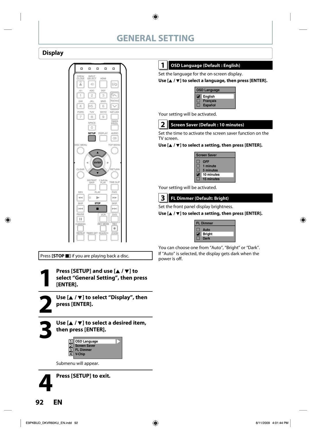 Toshiba DKVR60KU Display, OSD Language Default English, Screen Saver Default 10 minutes, FL Dimmer Default Bright 