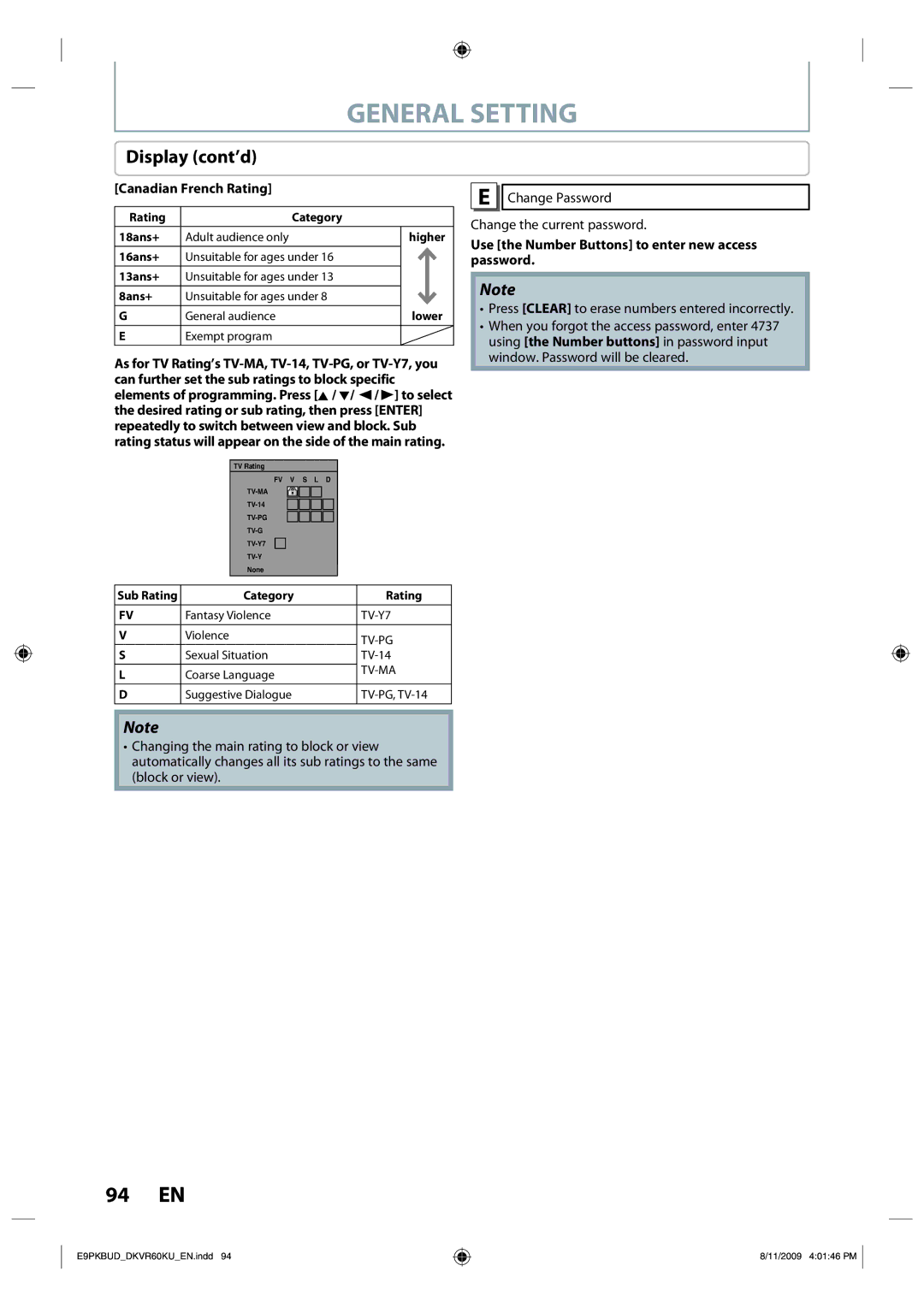 Toshiba DKVR60KU owner manual Canadian French Rating, Use the Number Buttons to enter new access password 