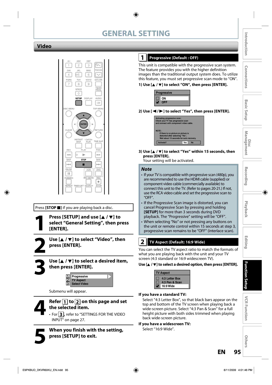 Toshiba DKVR60KU owner manual Video, Selected item, Refer 1 to 2 on this page and set, Progressive Default OFF 