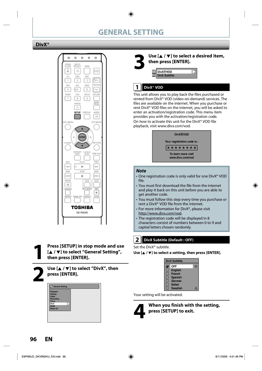 Toshiba DKVR60KU owner manual DivX VOD, DivX Subtitle Default OFF, Set the DivX subtitle 