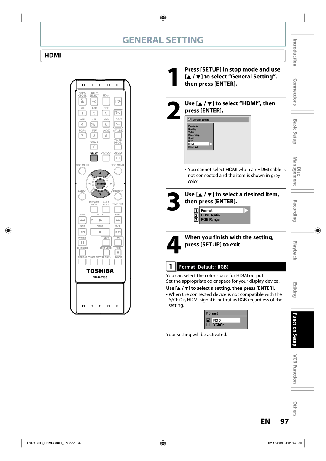 Toshiba DKVR60KU owner manual Format Default RGB, When the connected device is not compatible with, Setting 