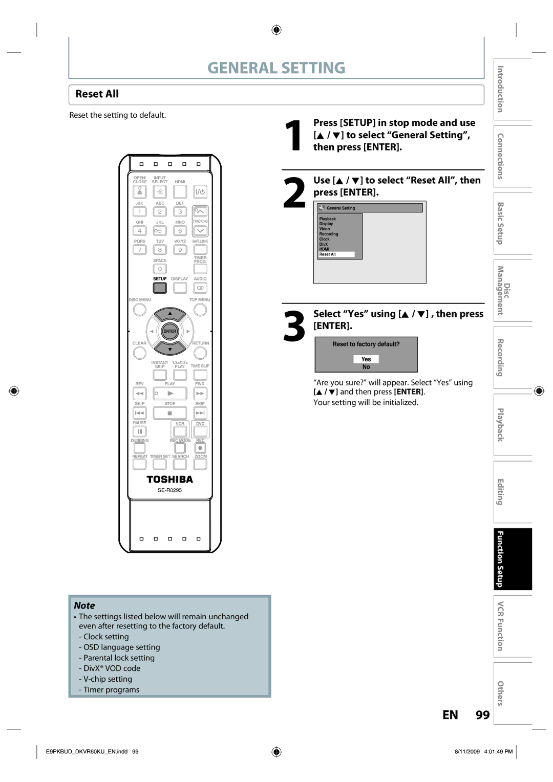 Toshiba DKVR60KU owner manual Reset All, Select Yes using K / L , then press Enter, Reset the setting to default 