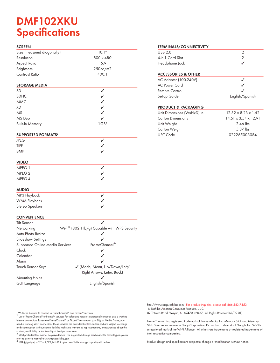 Toshiba DMF102XKU manual Screen, Storage Media, Video, Audio, Convenience, Terminals/Connectivity, Accessories & Other 
