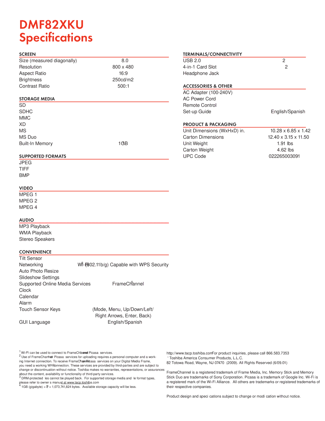 Toshiba DMF82XKU manual Screen, Storage Media, Supported Formats, Video, Audio, Convenience, Terminals/Connectivity 