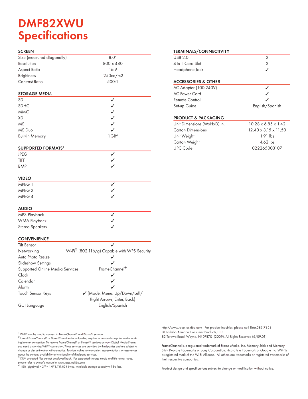 Toshiba DMF82XWU manual Screen, Storage Media, Video, Audio, Convenience, Terminals/Connectivity, Accessories & Other 