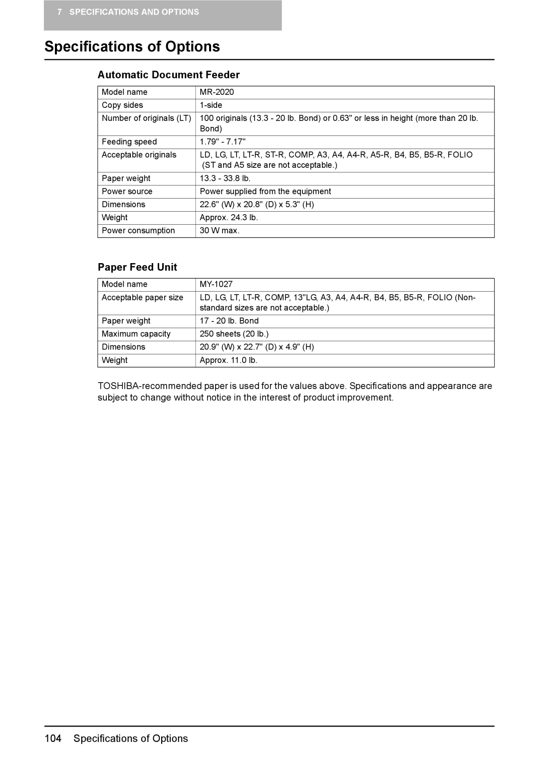 Toshiba DP-1810 manual Specifications of Options, Automatic Document Feeder, Paper Feed Unit 