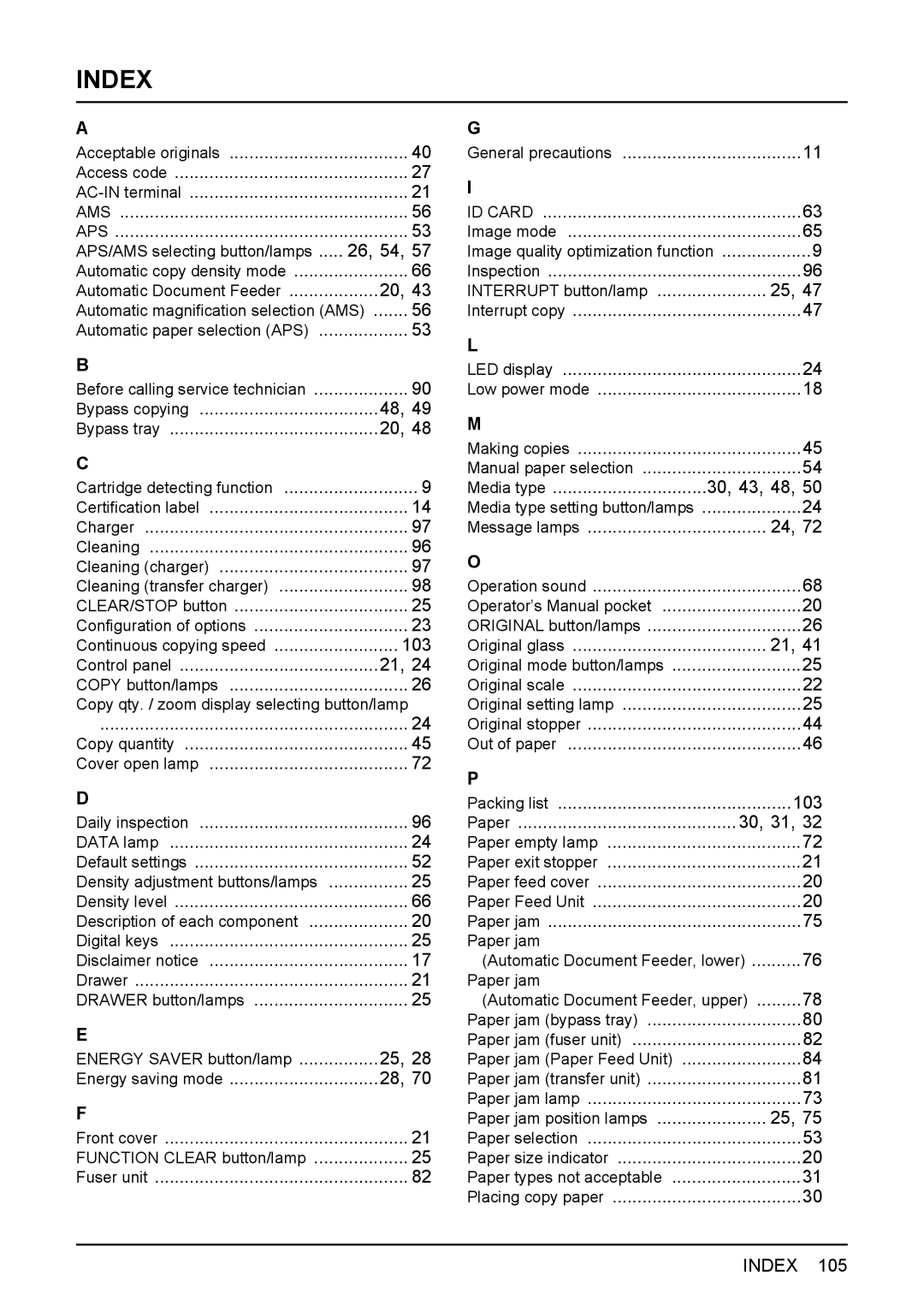 Toshiba DP-1810 manual Index 