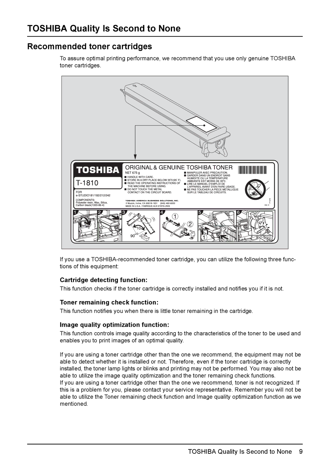 Toshiba DP-1810 manual Toshiba Quality Is Second to None, Recommended toner cartridges, Cartridge detecting function 