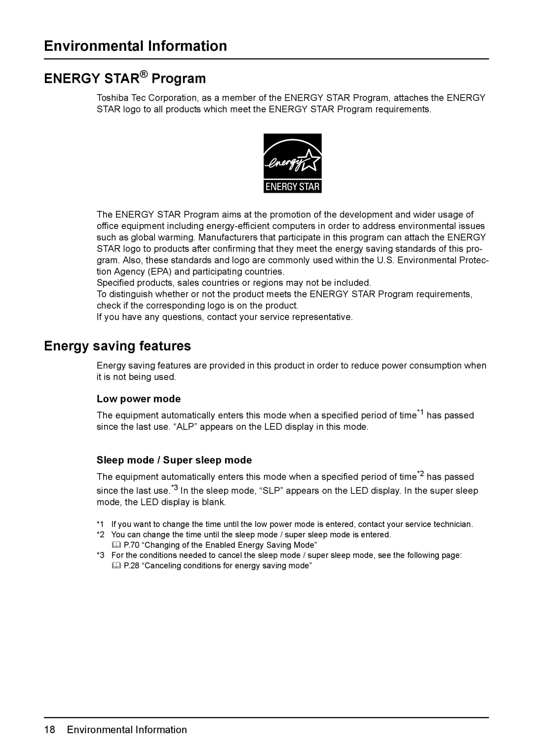 Toshiba DP-1810 manual Environmental Information, Energy Star Program, Energy saving features, Low power mode 