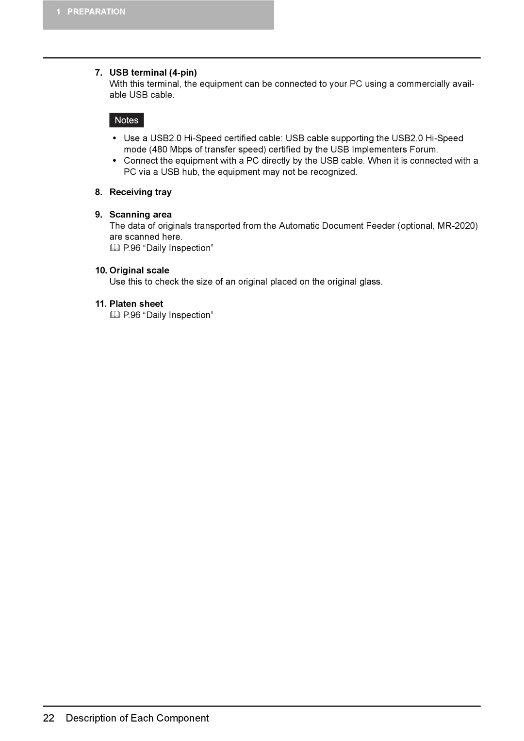 Toshiba DP-1810 manual USB terminal 4-pin, Receiving tray Scanning area, Original scale, Platen sheet 