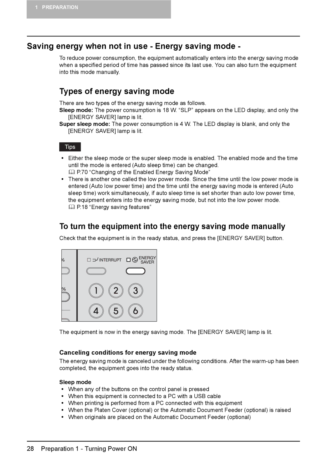 Toshiba DP-1810 manual Saving energy when not in use Energy saving mode, Types of energy saving mode, Sleep mode 