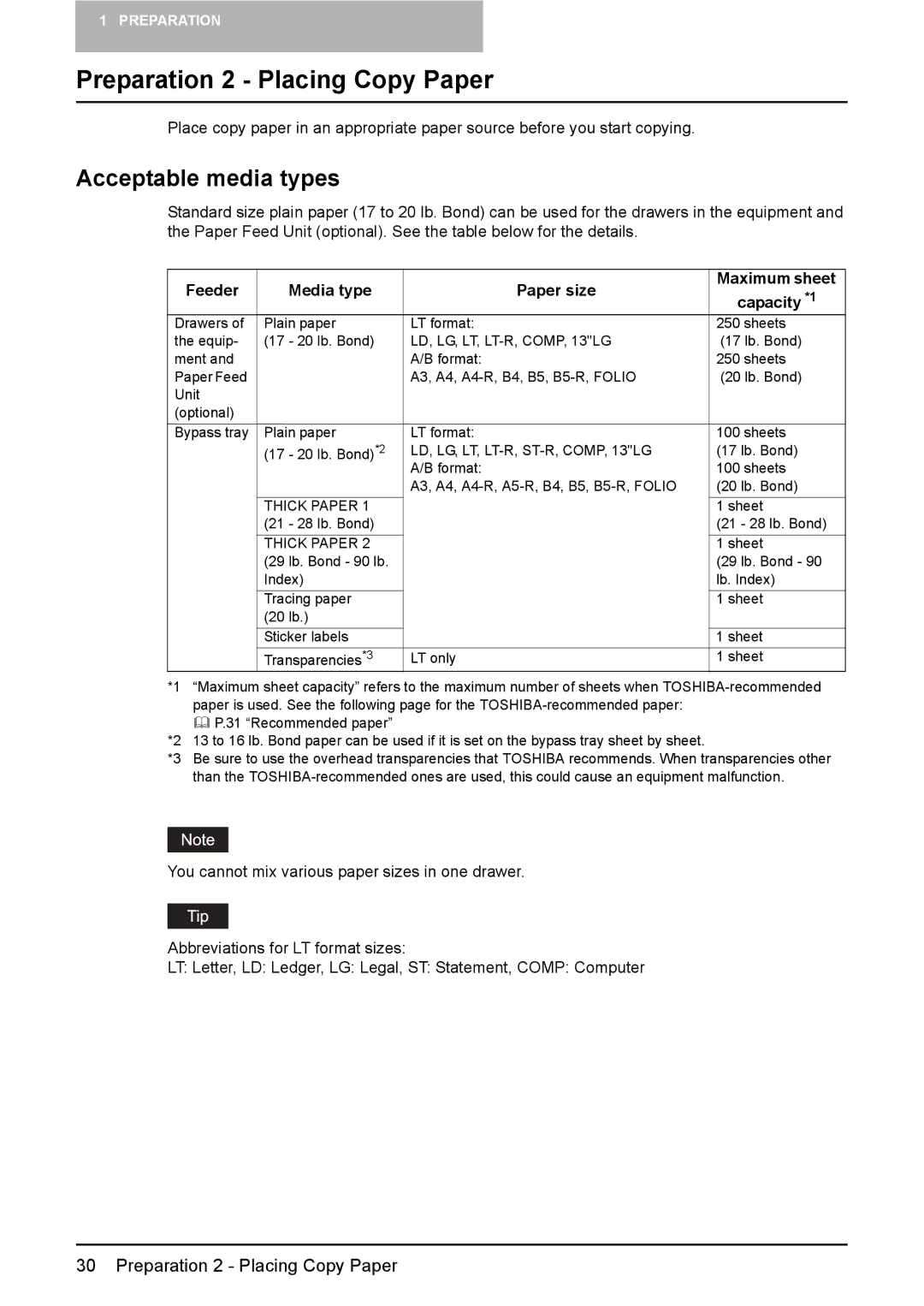 Toshiba DP-1810 manual Preparation 2 Placing Copy Paper, Acceptable media types 