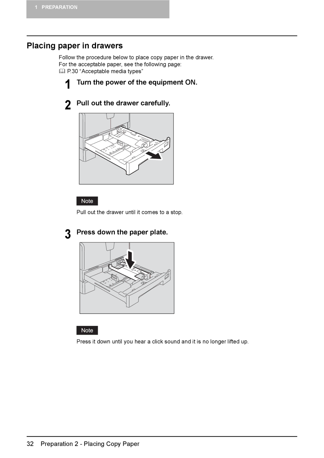 Toshiba DP-1810 manual Placing paper in drawers, Press down the paper plate 