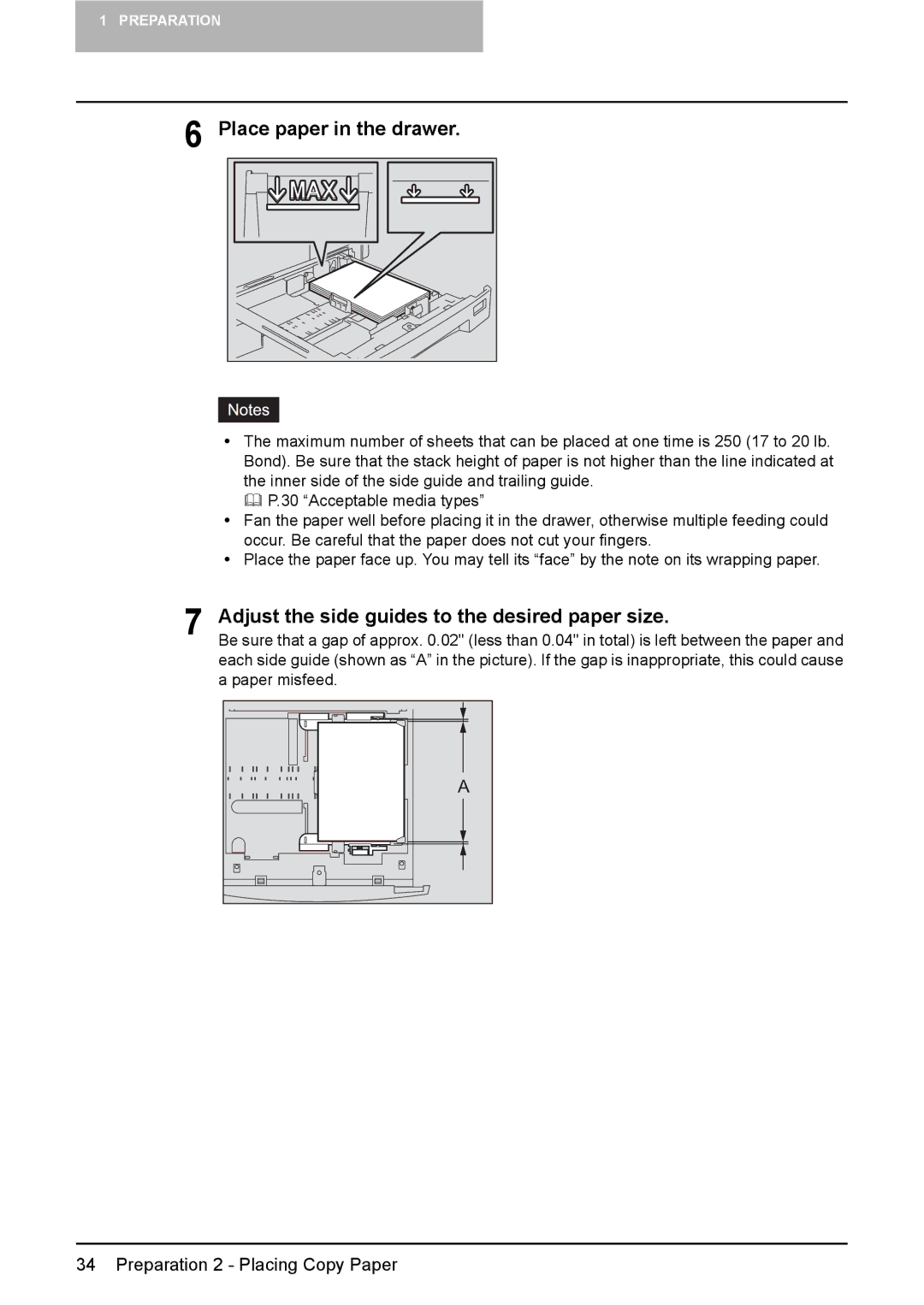 Toshiba DP-1810 manual Place paper in the drawer, Adjust the side guides to the desired paper size 