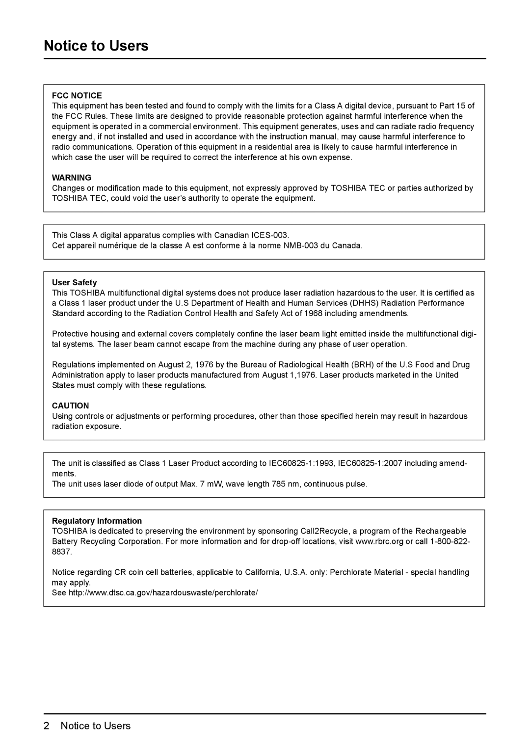 Toshiba DP-1810 manual FCC Notice 