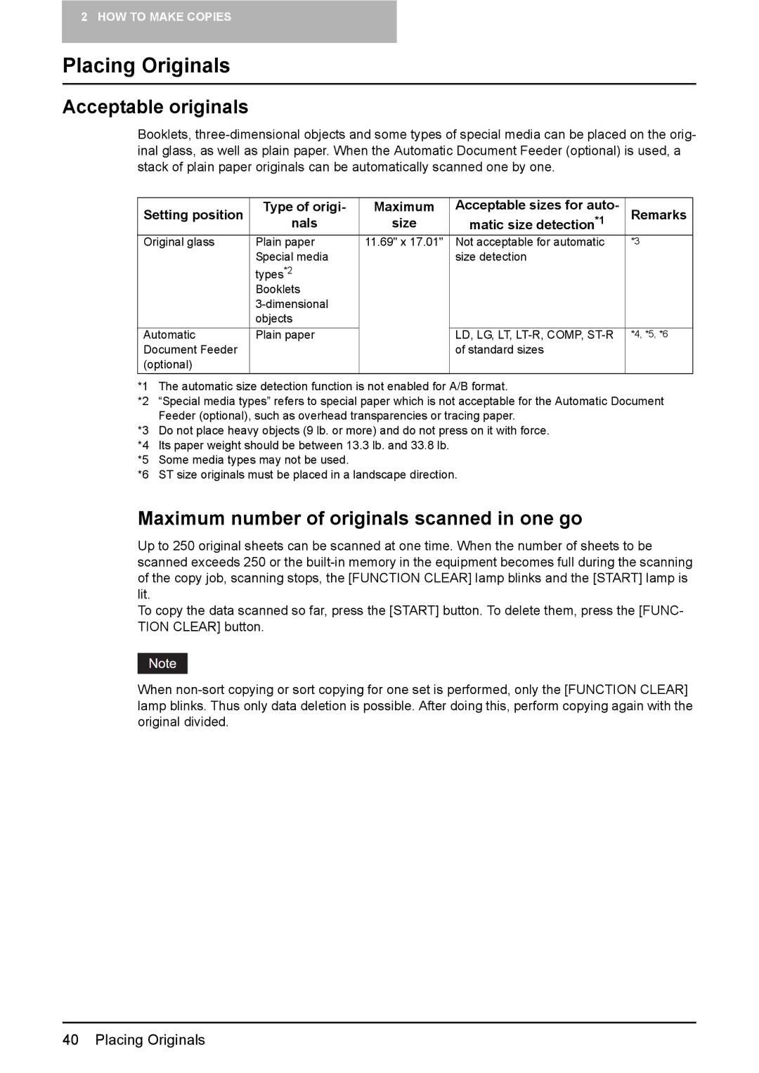 Toshiba DP-1810 manual Placing Originals, Acceptable originals, Maximum number of originals scanned in one go 